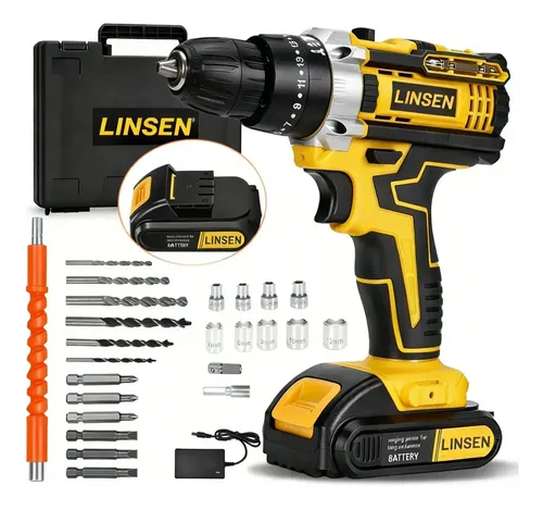 Taladro inalámbrico Linsen con dos baterías, maletín, brocas y accesorios